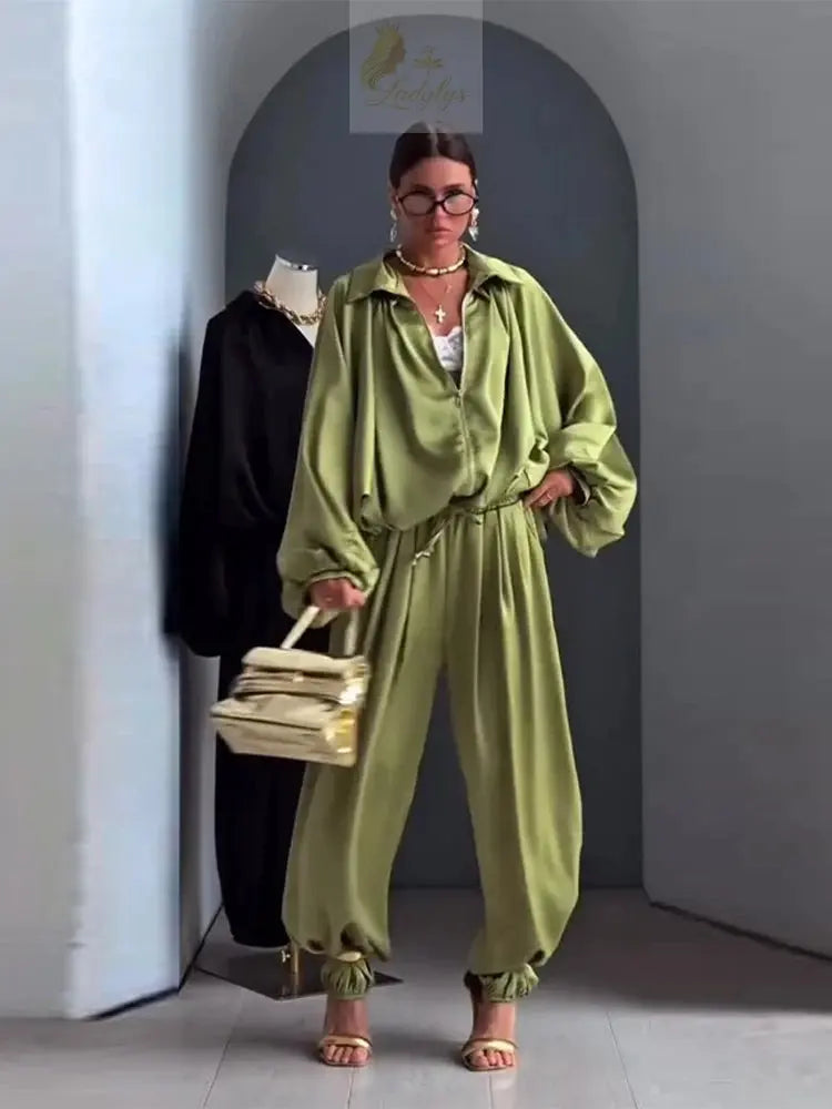 Casual Loose Pleated Shirt Pants Suit Women Solid Full Lantern Sleeve Zipper Shirts Wide Leg LADYLYS