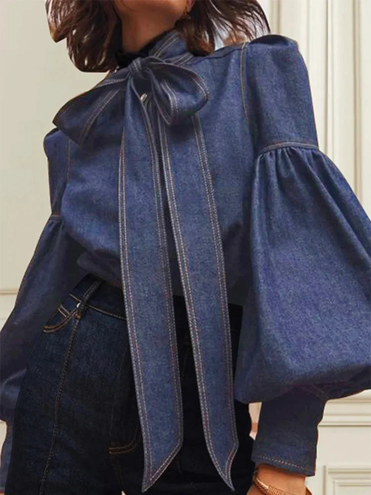 Trendy Imitation Denim Blouse Tops for Women Long Puff Sleeves Bow-Embellished