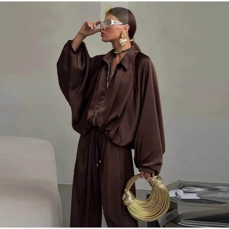 Casual Loose Pleated Shirt Pants Suit Women Solid Full Lantern Sleeve Zipper Shirts Wide Leg LADYLYS