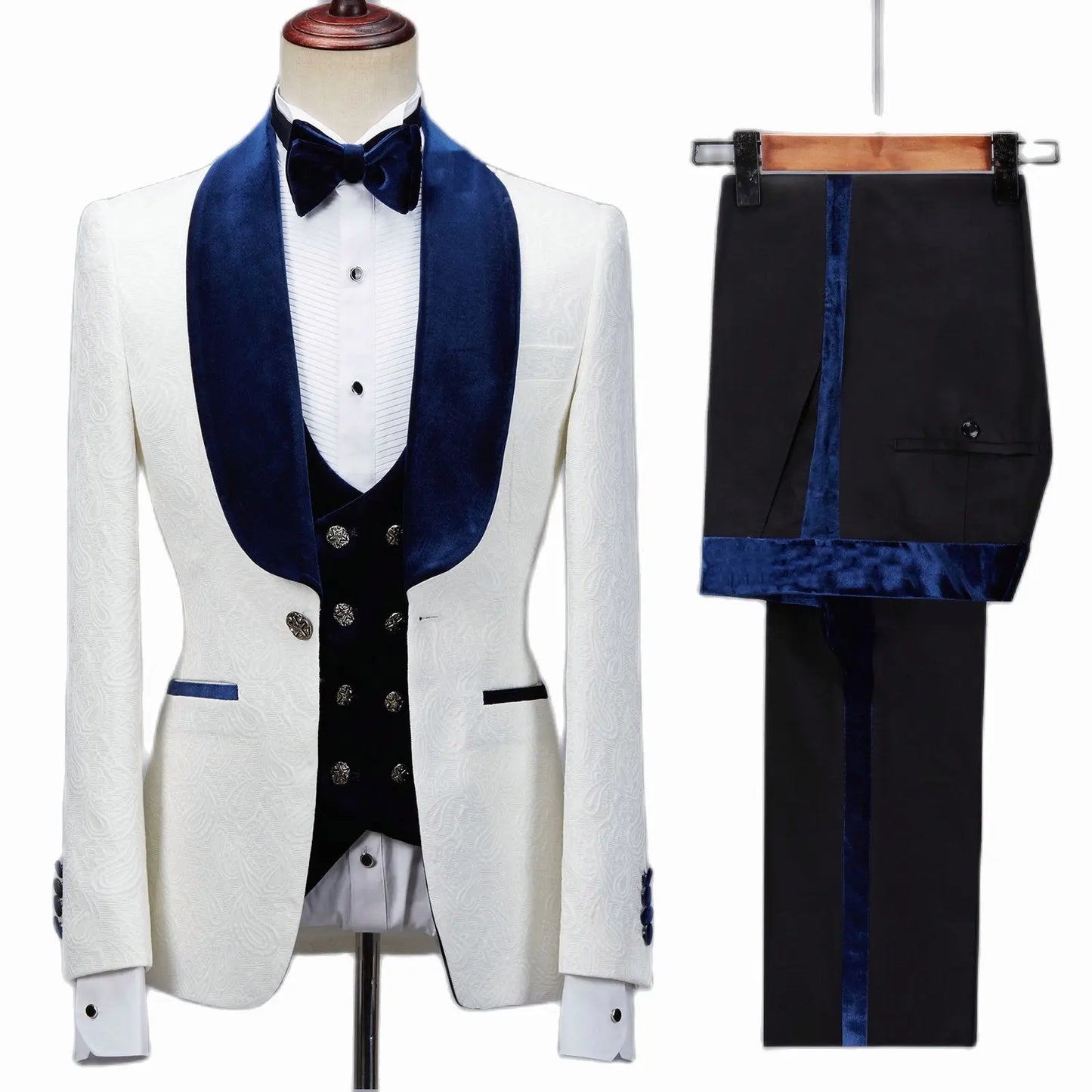 Veste florale hommes Costume coupe ajustée mariage smoking bleu marine velours revers