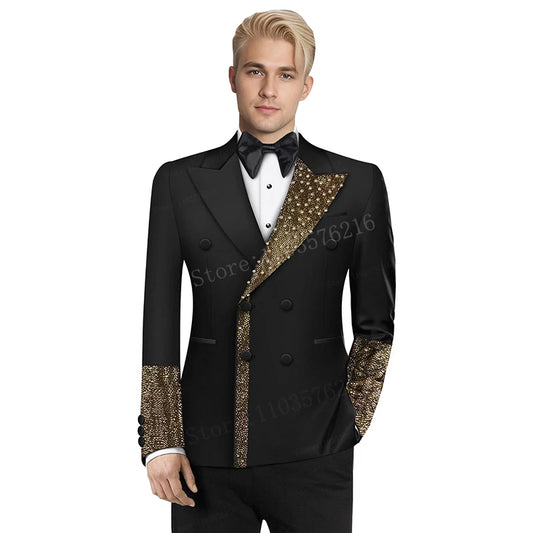 B01 Costume de luxe 2 pièces pour homme avec veste à revers à un seul bouton en satin et perles