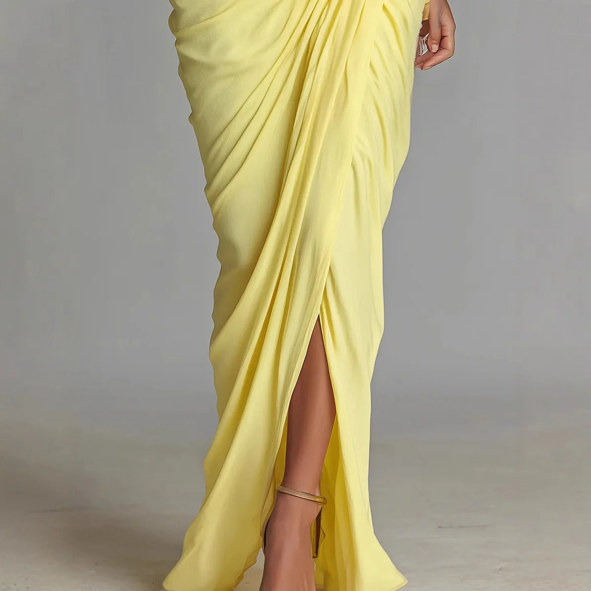 Evening Dress High Neck Fashion Yellow Pleated High Waist Slim Lantern Sleeve Elegant LADYLYS