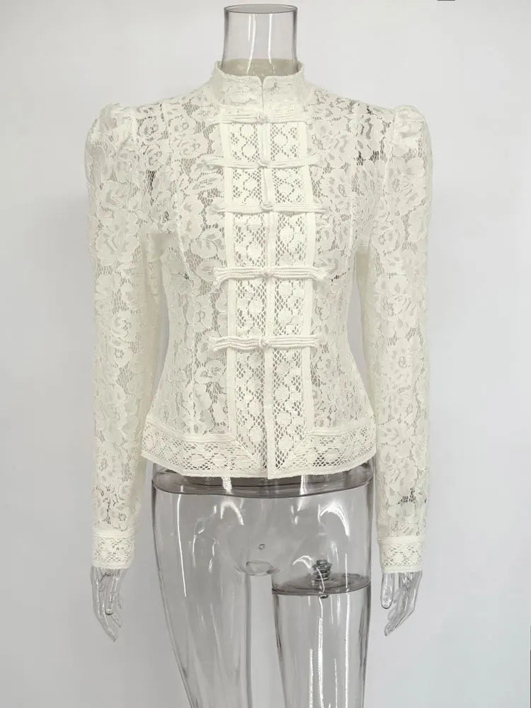 Summer Lace Printed Shirts Tops Female Hollow Out Fashion Commute Vintage