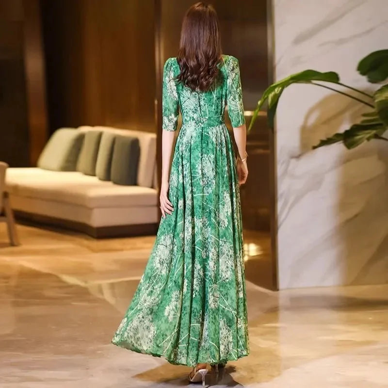 Mulberry Silk Dress Mujer Spring Summer New Temperament Printing Loose Slim Flower Long Dress Elegant LADYLYS