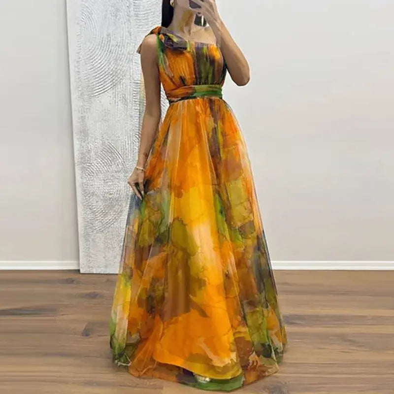 Sexy Slanted Neck Bow Tie Up Slim Long Dress Elegant Mesh Waist Banquet Dress LADYLYS