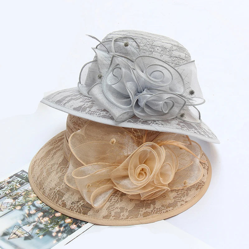 Chapeau fascinators élégant, fleurs en dentelle, seau à large bord, Kentucky Derby pliable