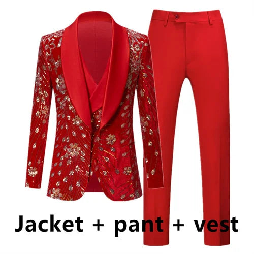 Costume à paillettes pour homme de marque à la mode 2 pièces rouge / bleu / noir pour homme, veste blazer et pantalon de luxe