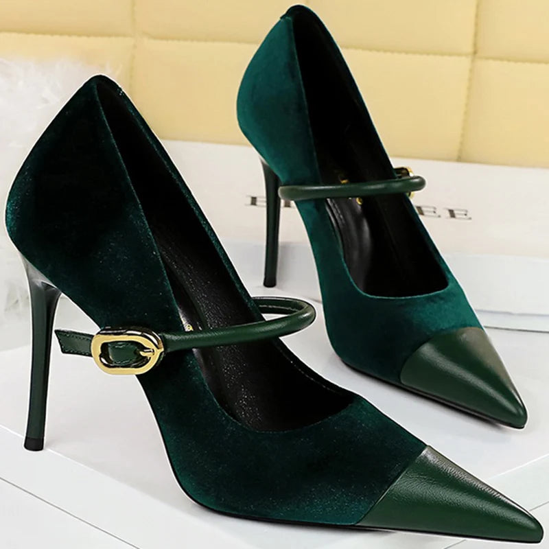 Mary Jane, talons aiguilles, bleu, vert, vin, rouge, en daim, 7cm, 10cm