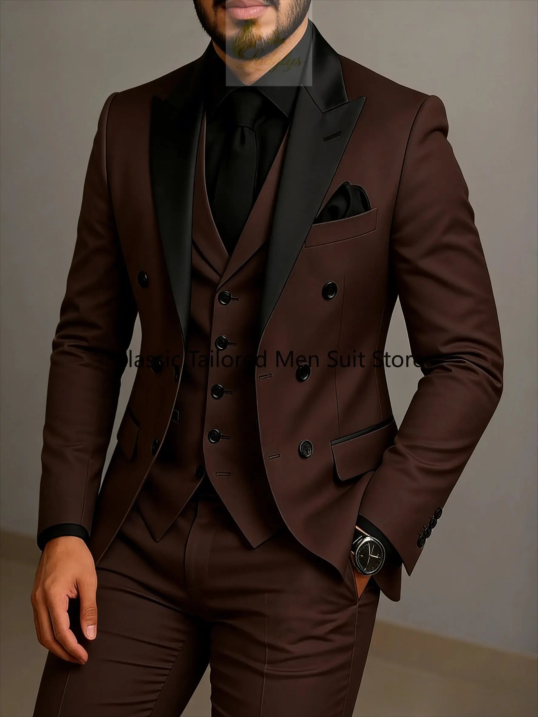 Beige Double Breasted Black Lapel  Slim Fit Wedding Suit LADYLYS