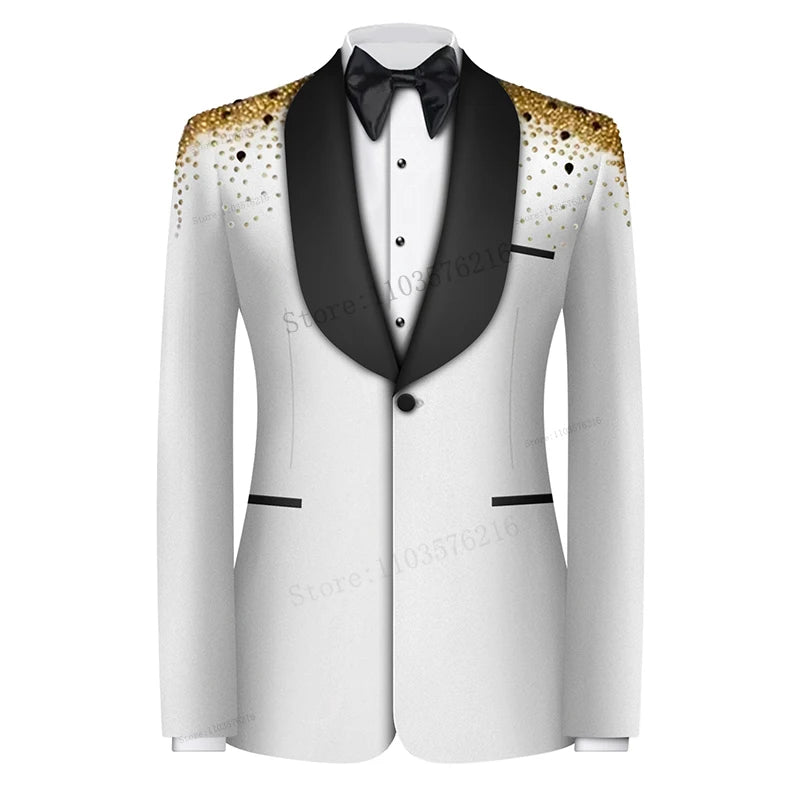 W01 Luxe 2 pièces smoking luxe Blazer hommes costumes un bouton Satin large revers perles formelles diamants