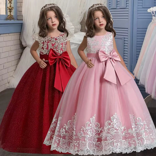 Robe longue de princesse en dentelle de gaze pour enfants avec grand papillon