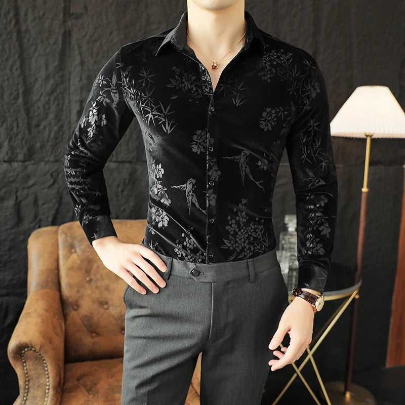 Chemise en velours de luxe pour hommes, Printemps Slim