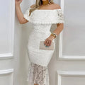Women's White Off-Shoulder Lace Midi Dress Ruffled Neckline LADYLYS