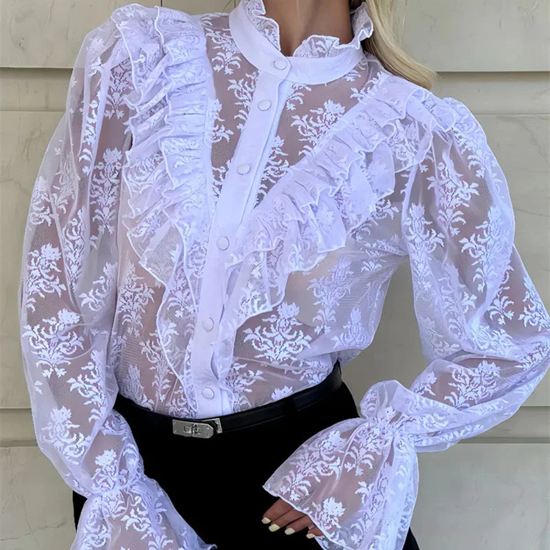 Lace Ruffled Printed Shirts Female See-Through Patchwork Lace-Up Long Sleeve