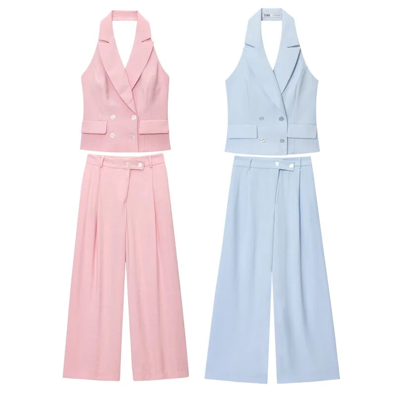Summer Two Tone Halter Blazer Vest & Matching Wide Leg Pants Set LADYLYS