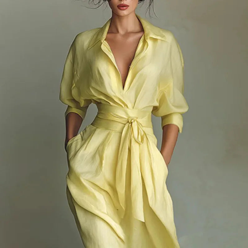 Bohemian Elegant Lace-up Turn-down Collar Hollow Spring 3/4 Sleeve Pocket Maxi Dress LADYLYS