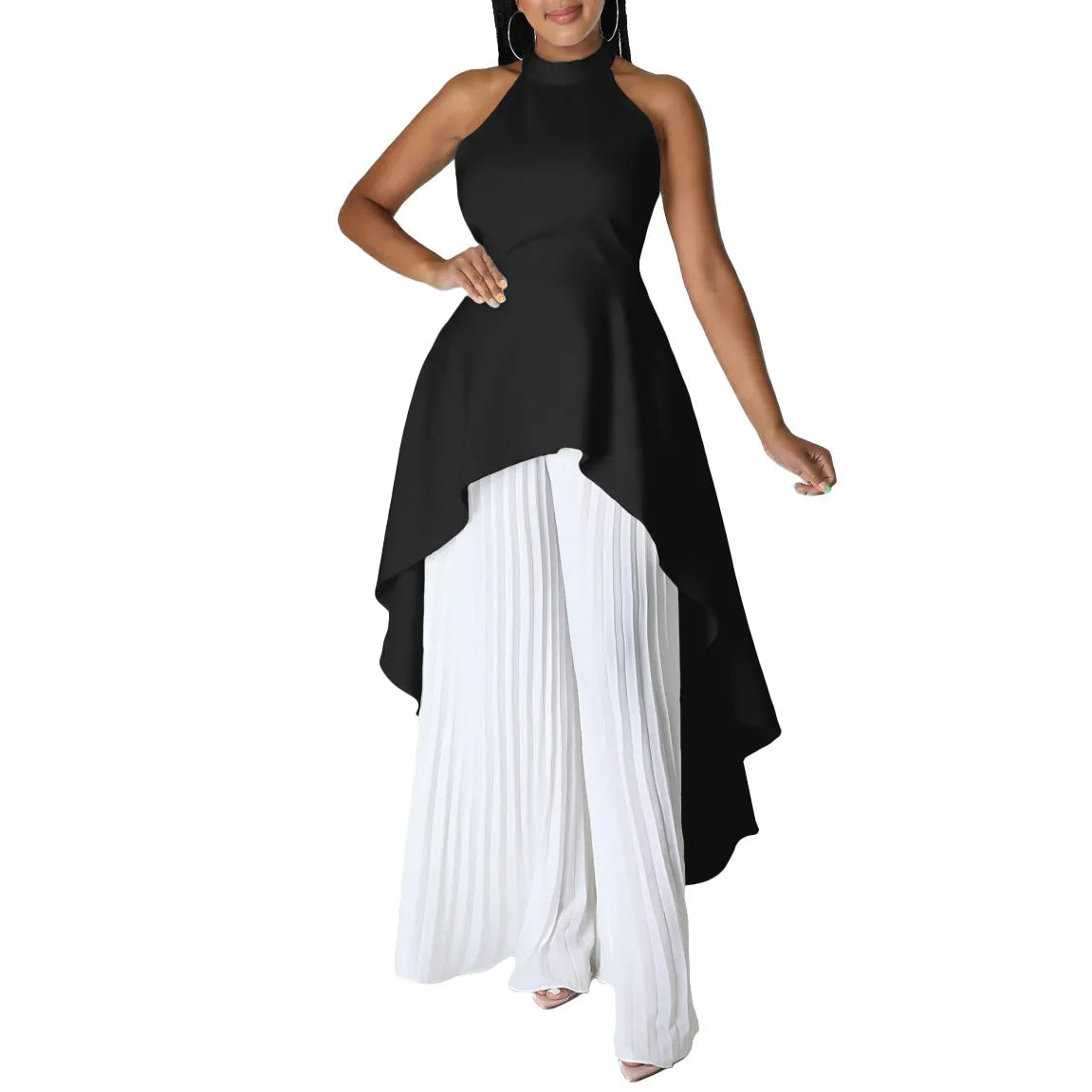 Elegant Tow Piece Set Women Outfit Backless Top Hundred Pleated Wide Leg Pants LADYLYS