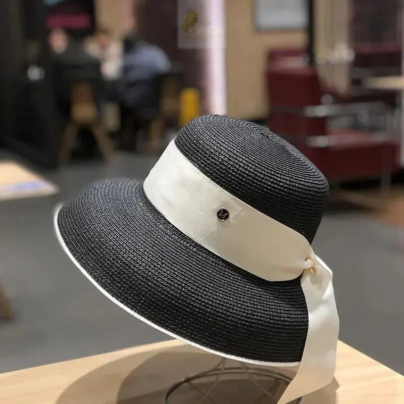 French Retro Straw Sun Hat with Bow Detail - Hepburn Style Elegant Wide Brim LADYLYS