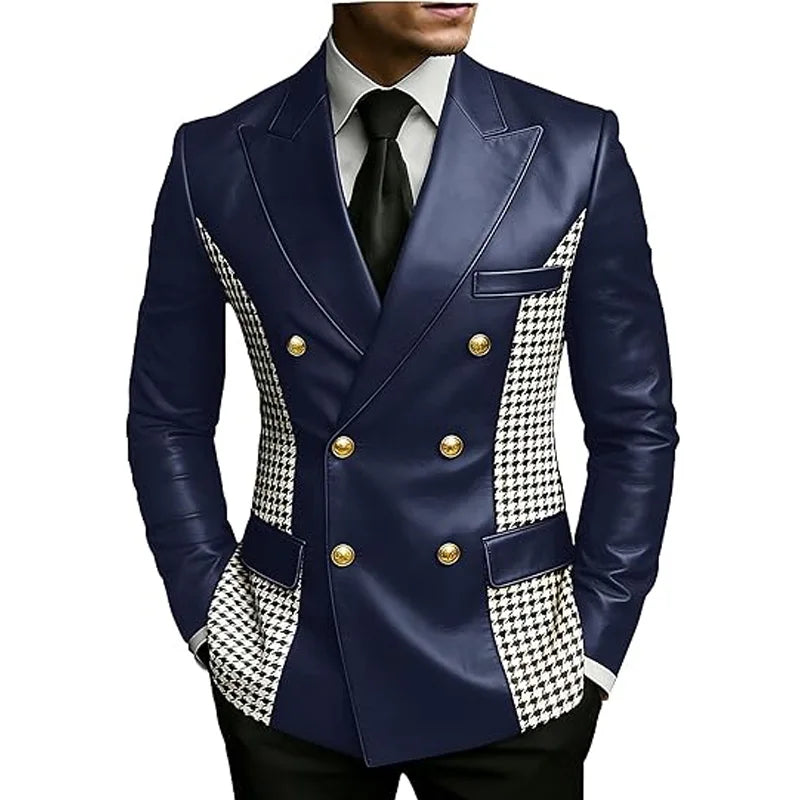 Leather Blazer With Houndstooth Sides Vintage Two-Tone Double Breasted LADYLYS
