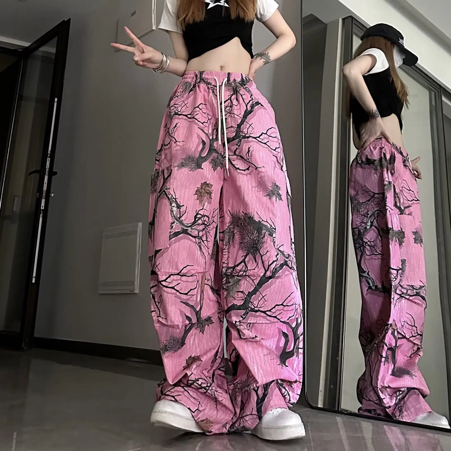 Pantalon décontracté à imprimé graffiti rose 2k pour femme, pantalon large et amusant, taille haute