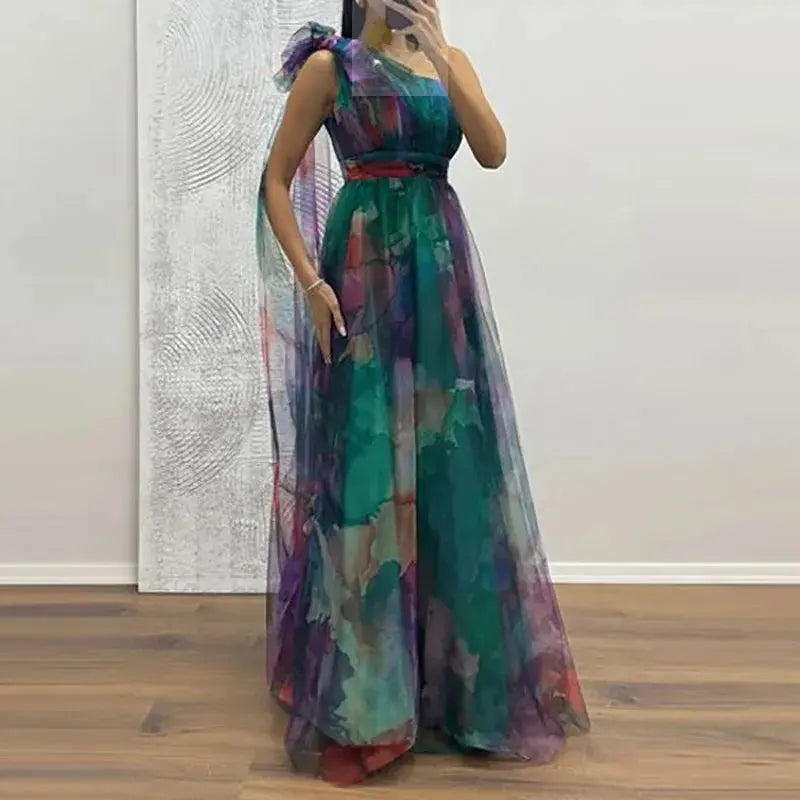 Sexy Slanted Neck Bow Tie Up Slim Long Dress Elegant Mesh Waist Banquet Dress LADYLYS