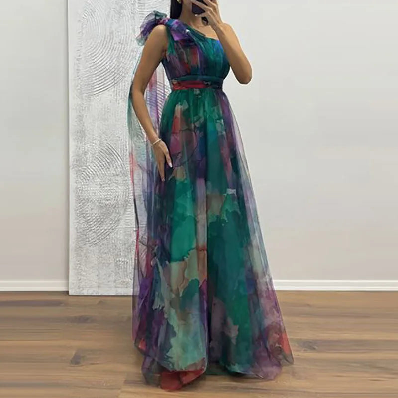 Sexy Slanted Neck Bow Tie Up Slim Long Dress Elegant Mesh Waist Banquet Dress LADYLYS