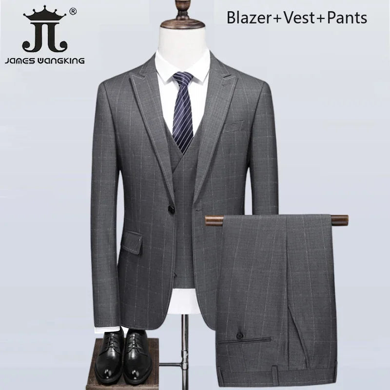Men's Formal Suits 3 Piece Set British Plaid Style (Blazer + Vest + Trousers) LADYLYS
