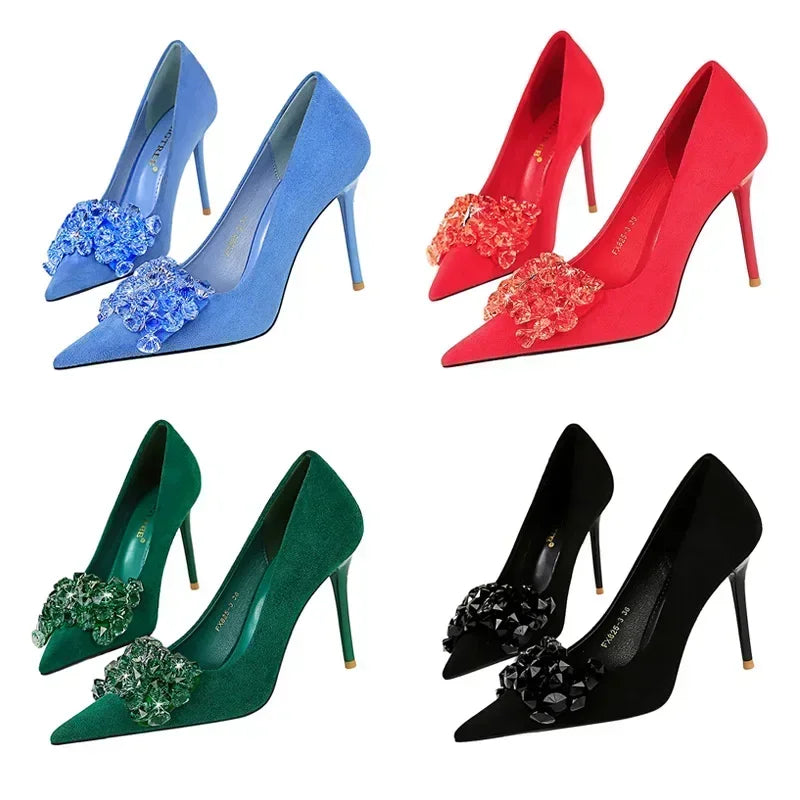 Escarpins de luxe à talons hauts de 9 cm pour femmes, bout pointu, strass, nœuds papillon, rouge, bleu, vert, élégantes