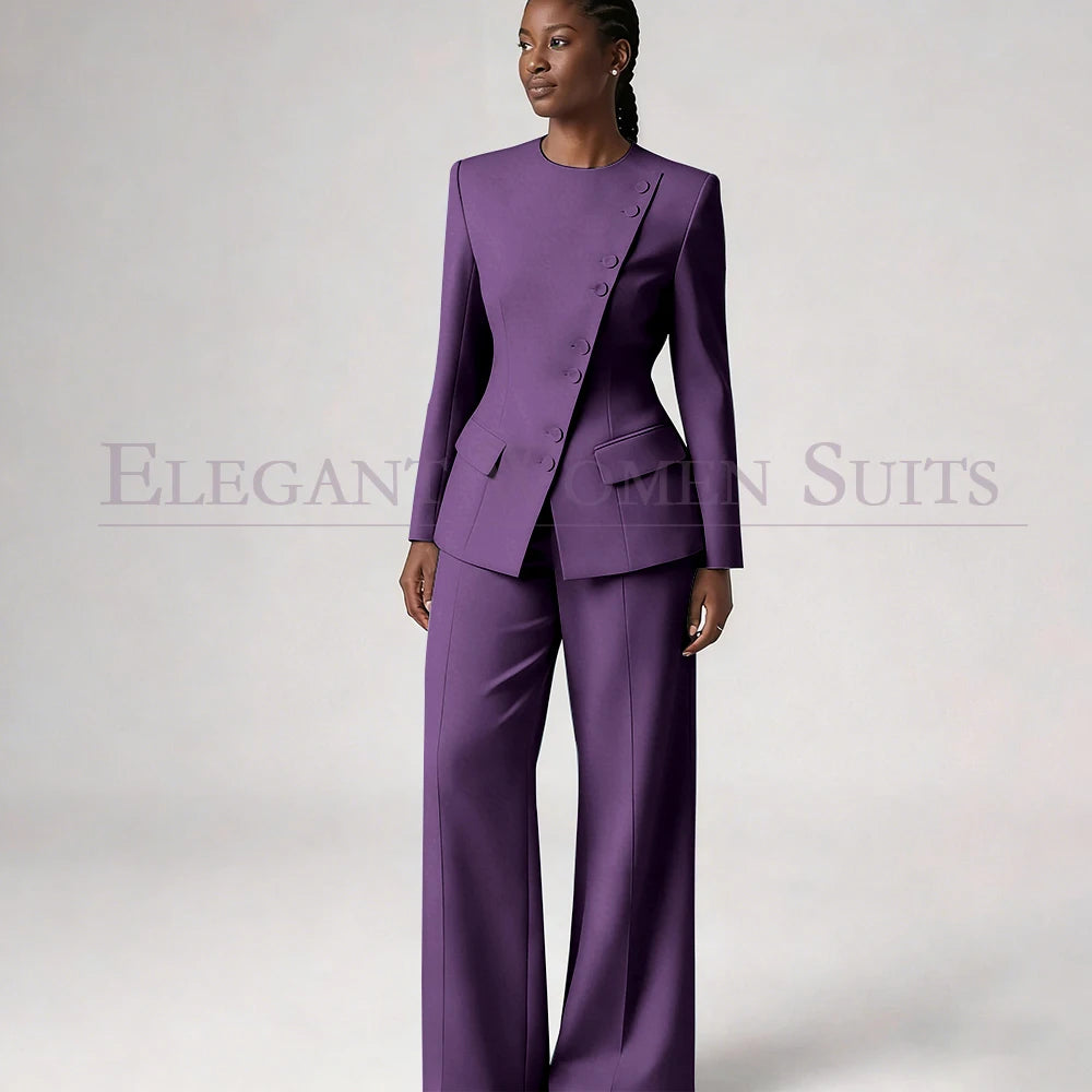 Single Breasted Women's Suits Blazer Luxury O-neck Regular Length 2 Piece LADYLYS