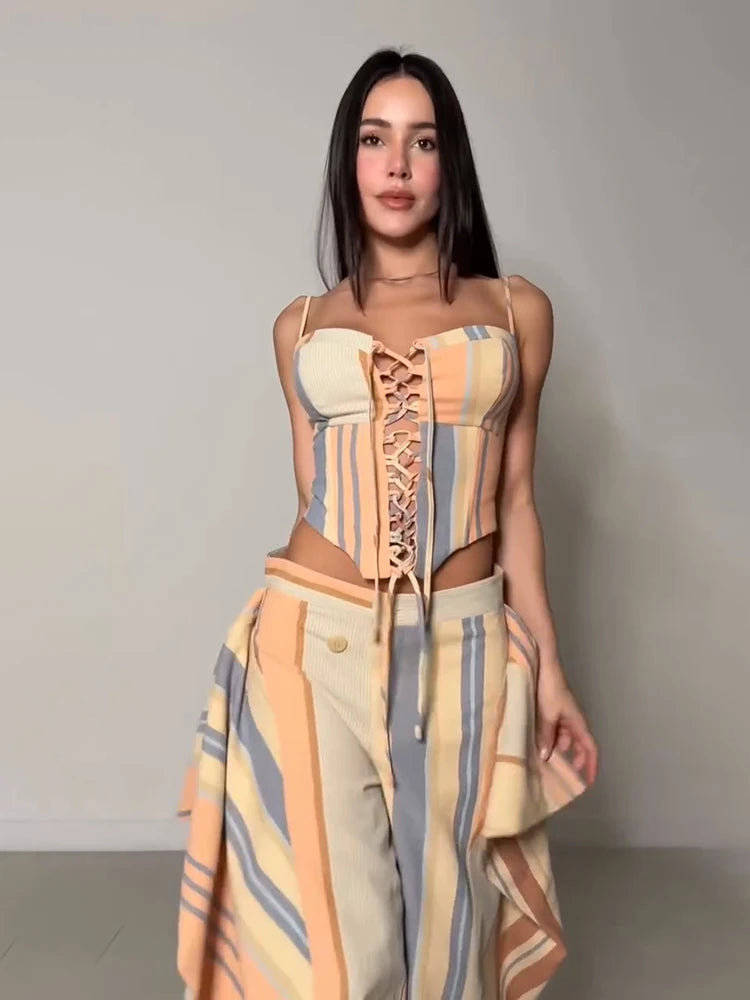 Sexy Print Vest Pants Women Set Beach Patchwork Slash Neck Lace Up Top LADYLYS